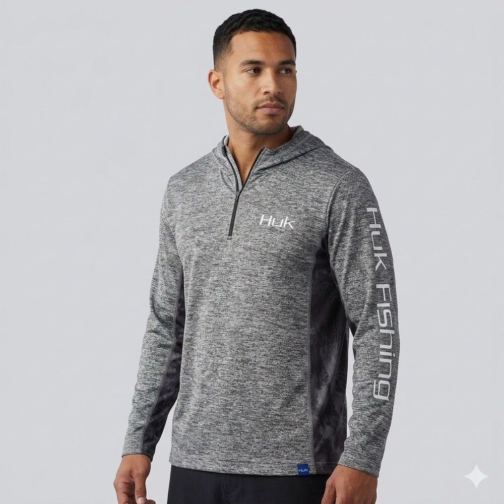Huk Mens S 1/4 Zip Hoodie Grey Fade Camo Fishing Sun Shirt Jersey Long Sleeve